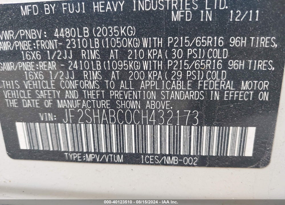 2012 SUBARU FORESTER 2.5X VIN: JF2SHABC0CH432173