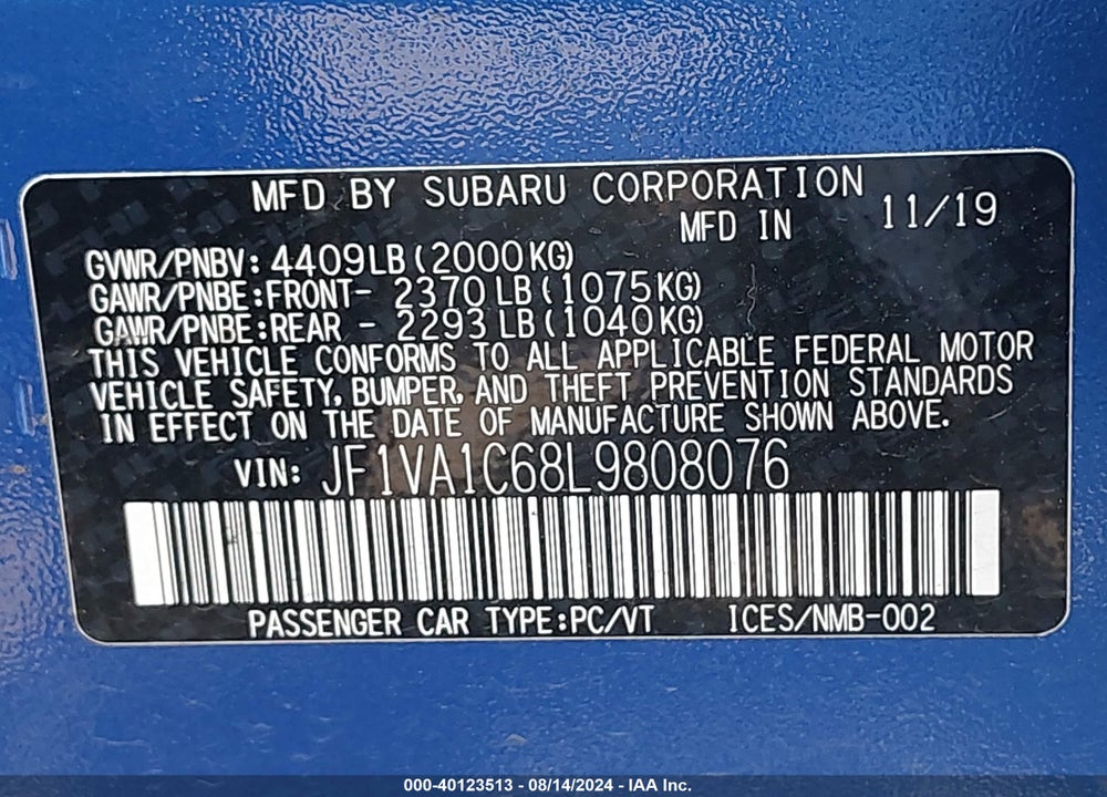 2020 SUBARU WRX PREMIUM VIN: JF1VA1C68L9808076