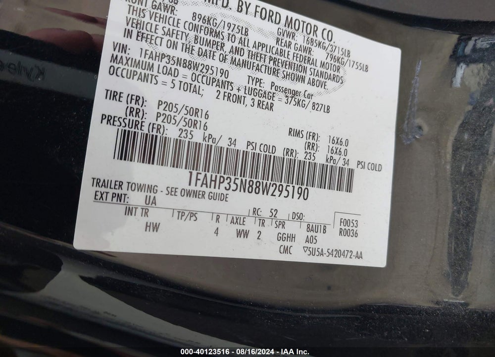 2008 FORD FOCUS SE/SES VIN: 1FAHP35N88W295190