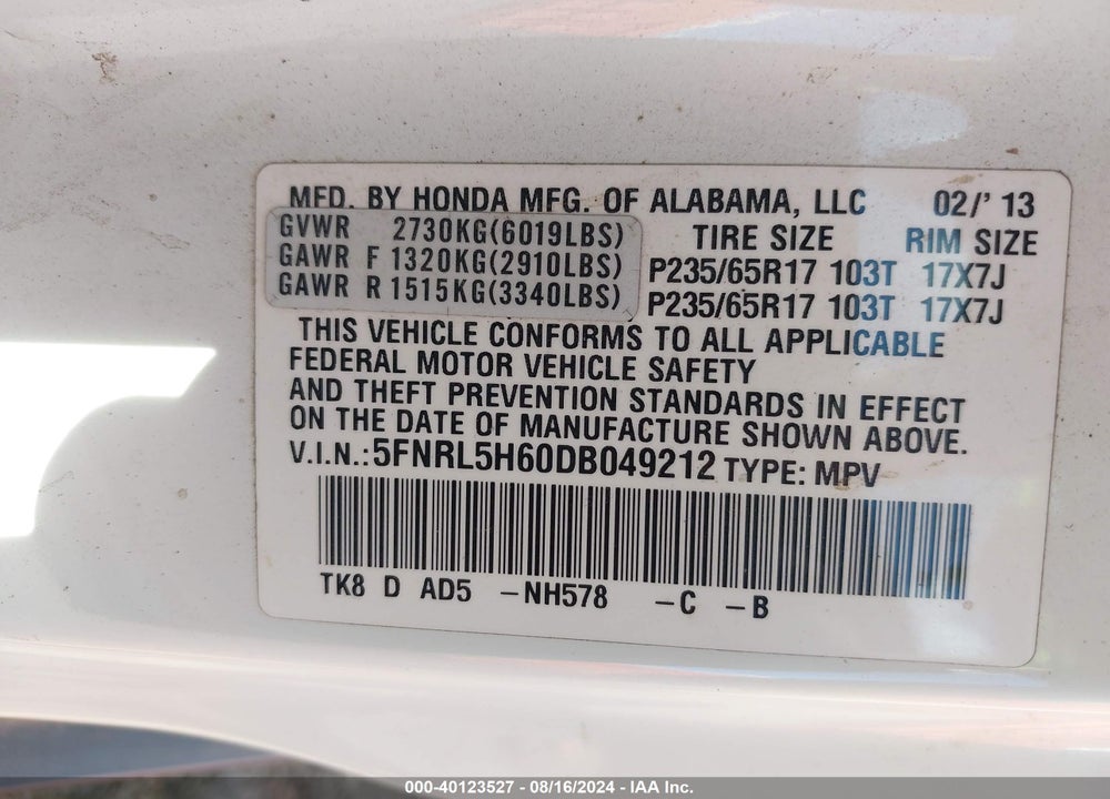 2013 HONDA ODYSSEY EX-L VIN: 5FNRL5H60DB049212
