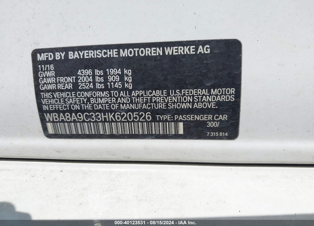 2017 BMW 320I VIN: WBA8A9C33HK620526