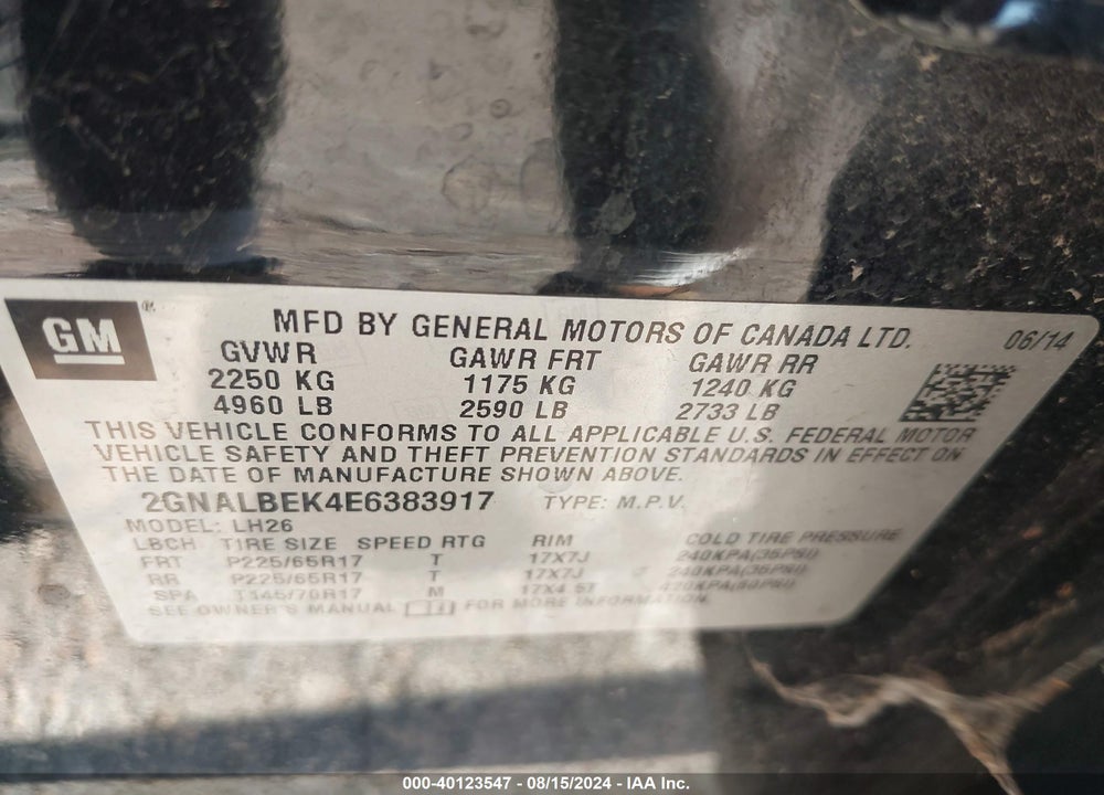 2014 CHEVROLET EQUINOX 1LT VIN: 2GNALBEK4E6383917