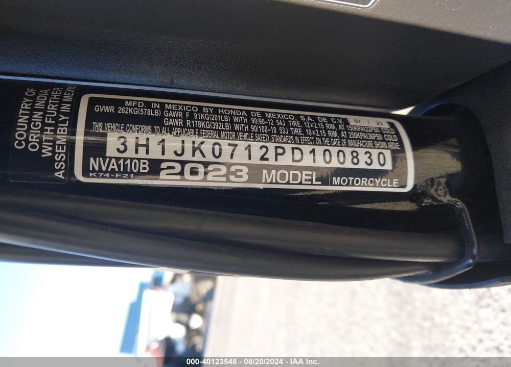 2023 HONDA NVA110 B VIN: 3H1JK0712PD100830