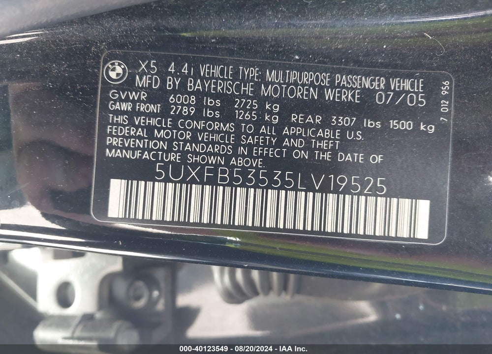 2005 BMW X5 4.4I VIN: 5UXFB53535LV19525