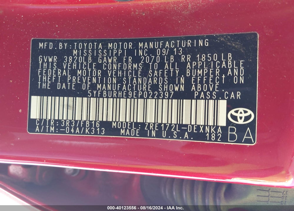 2014 TOYOTA COROLLA LE VIN: 5YFBURHE9EP022397