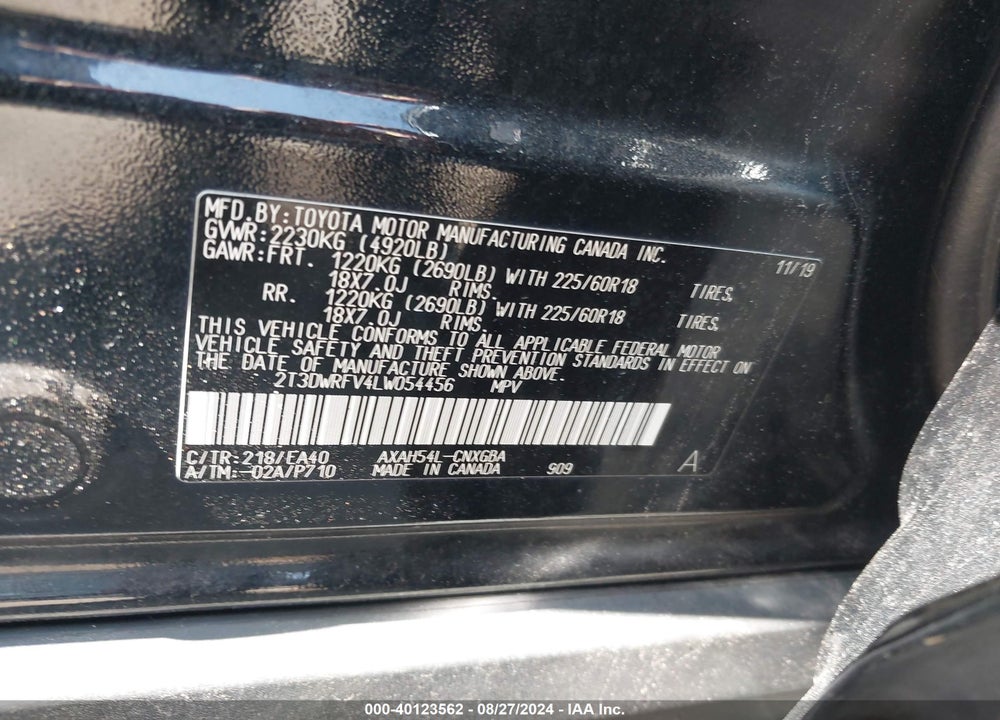 2020 TOYOTA RAV4 HYBRID LIMITED VIN: 2T3DWRFV4LW054456