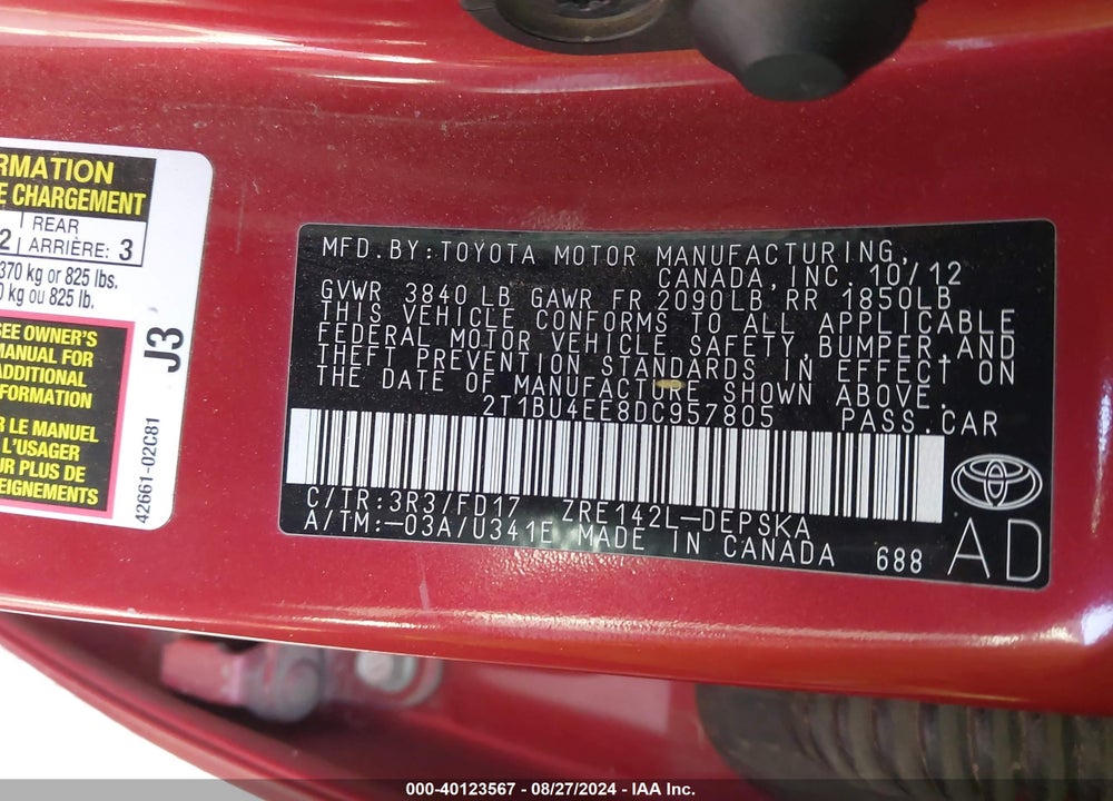 2013 TOYOTA COROLLA S VIN: 2T1BU4EE8DC957805