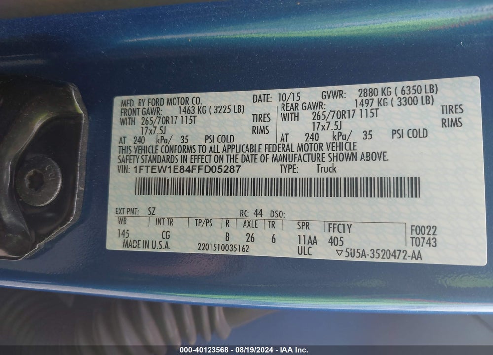 2015 FORD F-150 XL VIN: 1FTEW1E84FFD05287