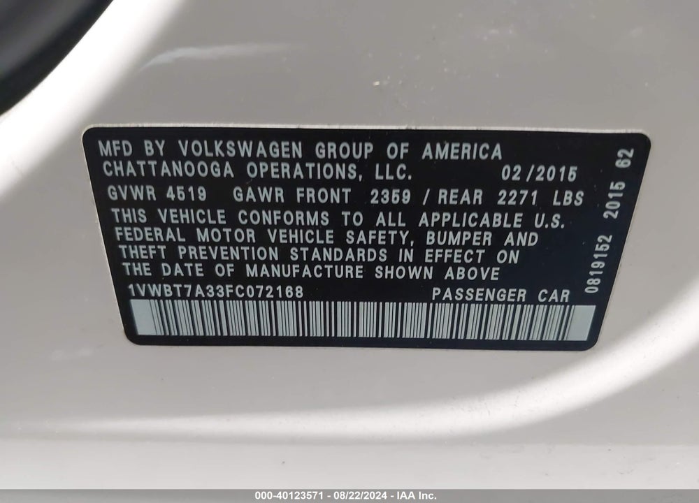 2015 VOLKSWAGEN PASSAT 1.8T SE VIN: 1VWBT7A33FC072168