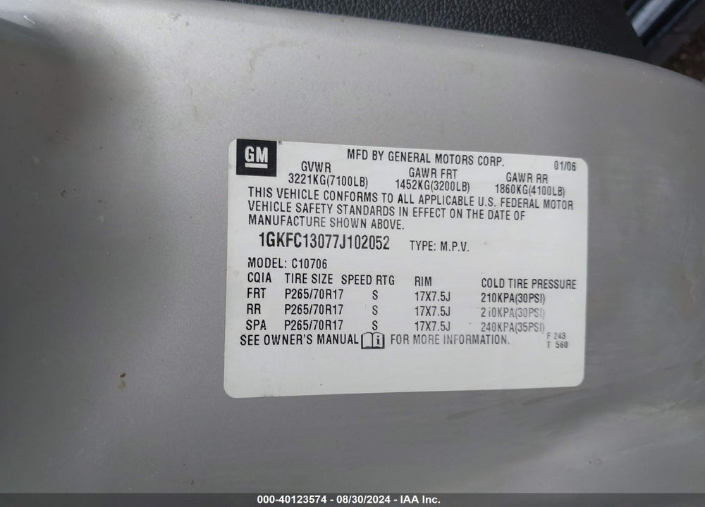 2007 GMC YUKON SLT VIN: 1GKFC13077J102052
