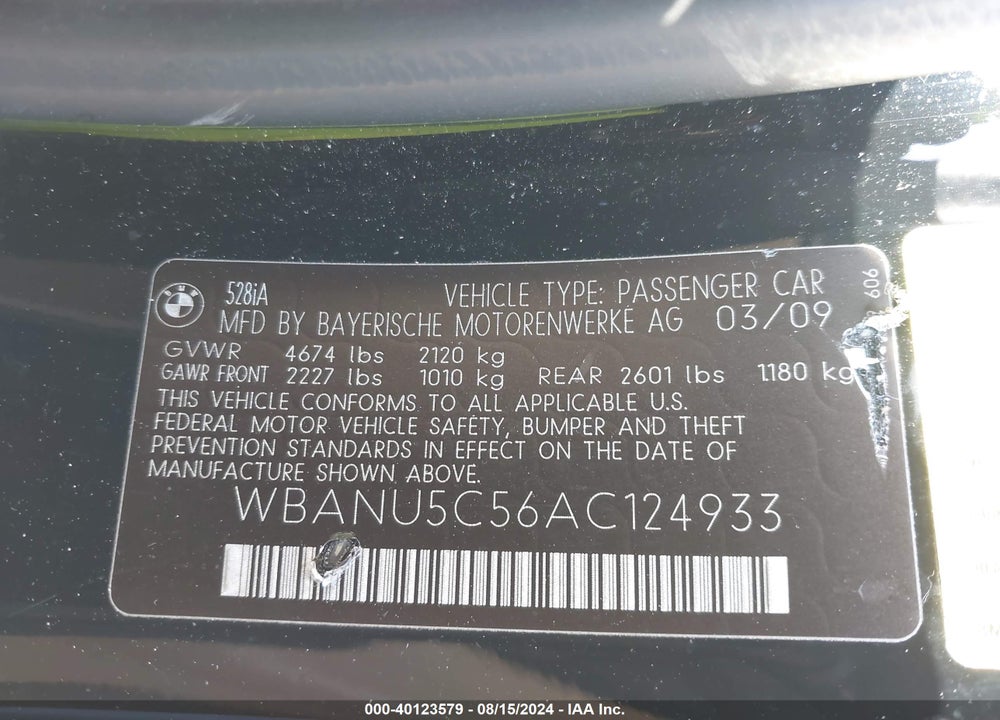 2010 BMW 528I VIN: WBANU5C56AC124933