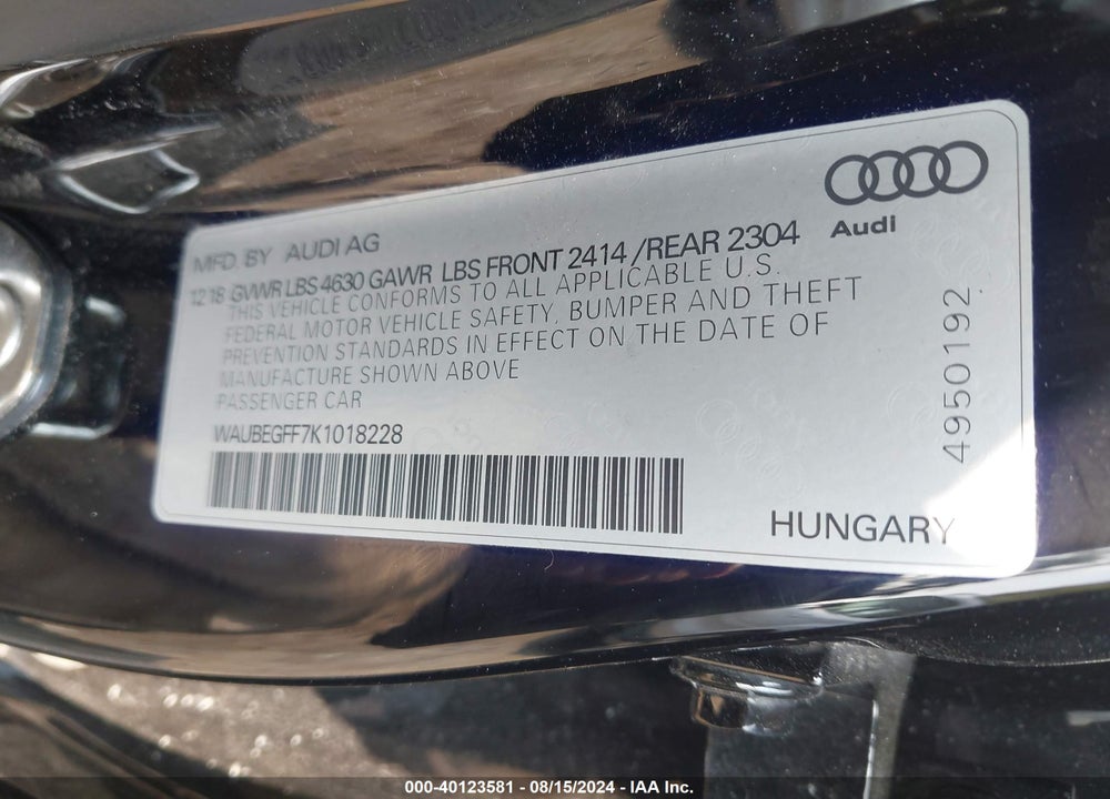 2019 AUDI A3 45 PREMIUM VIN: WAUBEGFF7K1018228