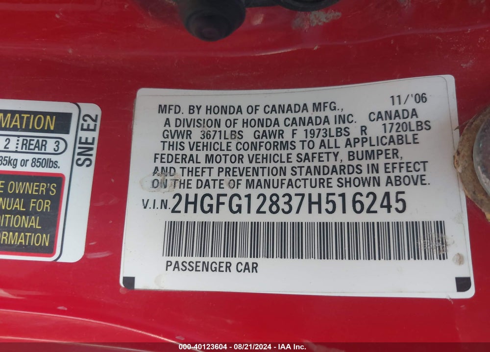 2007 HONDA CIVIC EX VIN: 2HGFG12837H516245