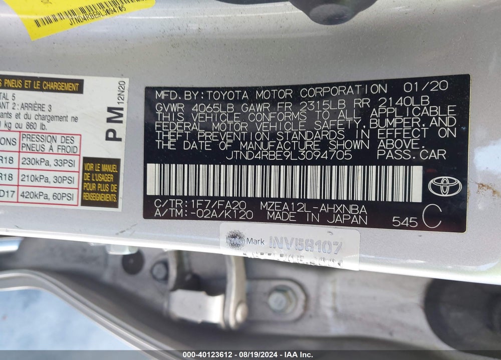 2020 TOYOTA COROLLA SE NIGHTSHADE EDITION VIN: JTND4RBE9L3094705
