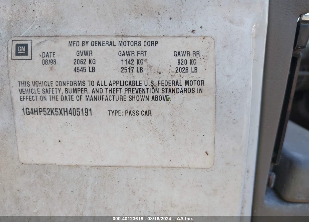 1999 BUICK LESABRE CUSTOM VIN: 1G4HP52K5XH405191