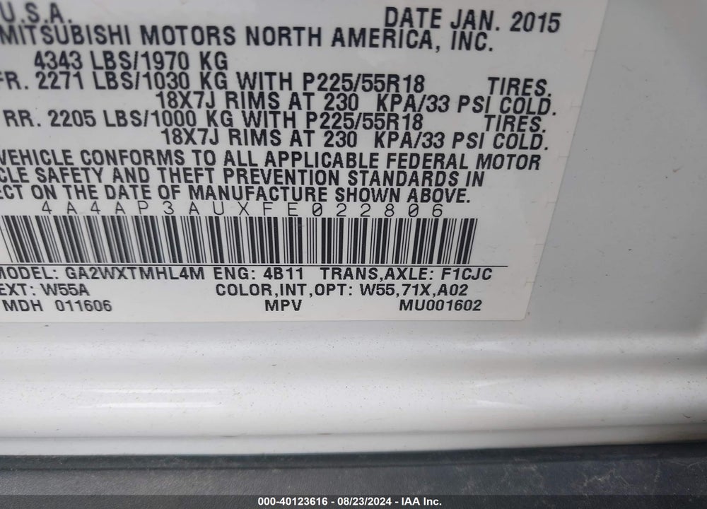2015 MITSUBISHI OUTLANDER SPORT ES VIN: 4A4AP3AUXFE022806