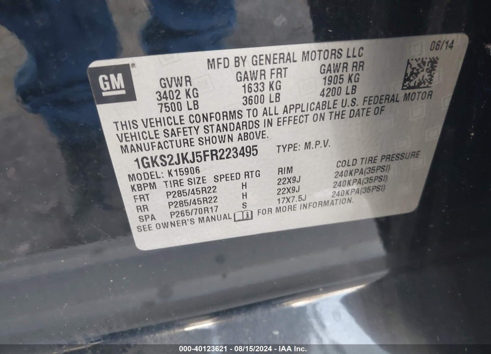 2015 GMC YUKON XL 1500 DENALI VIN: 1GKS2JKJ5FR223495