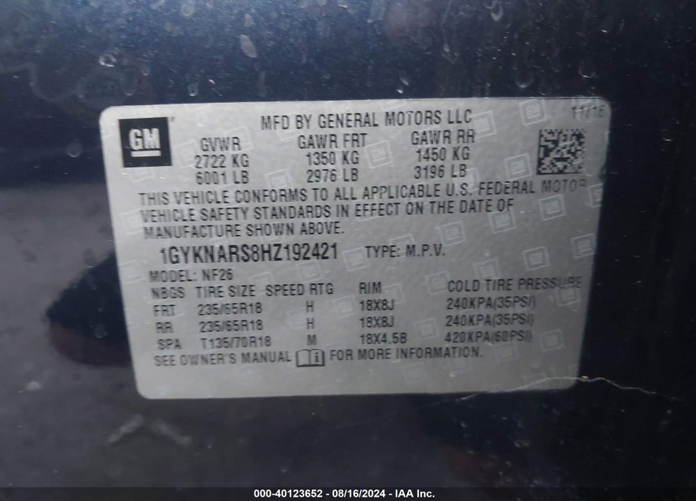2017 CADILLAC XT5 STANDARD VIN: 1GYKNARS8HZ192421