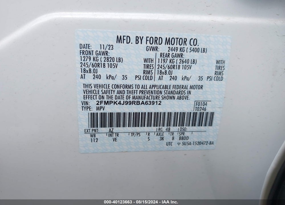 2024 FORD EDGE SEL VIN: 2FMPK4J99RBA63912