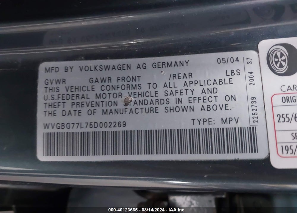 2005 VOLKSWAGEN TOUAREG VIN: WVGBG77L75D002269