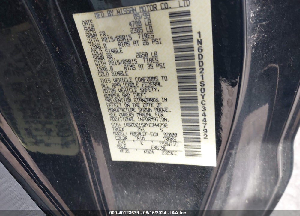 2000 NISSAN FRONTIER XE VIN: 1N6DD21S0YC344792