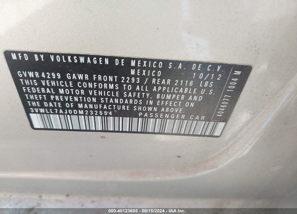 2013 VOLKSWAGEN JETTA 2.0L TDI VIN: 3VWLL7AJ0DM232554