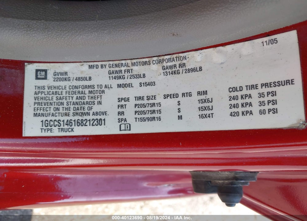 2006 CHEVROLET COLORADO WORK TRUCK VIN: 1GCCS146168212301