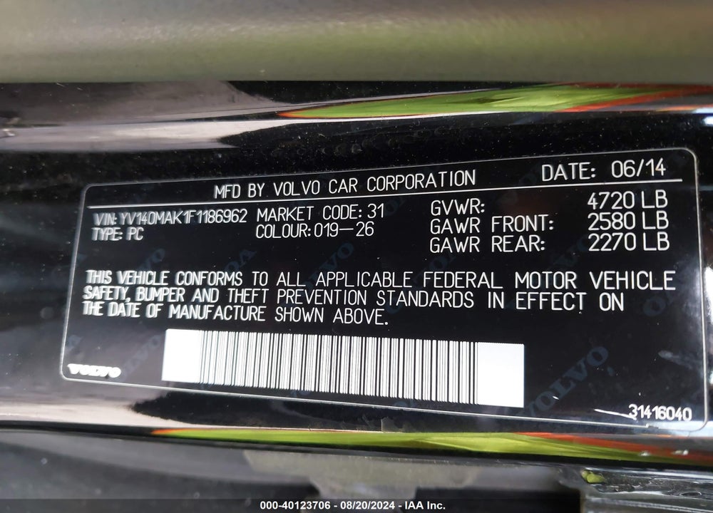 2015 VOLVO S80 T5 VIN: YV140MAK1F1186962