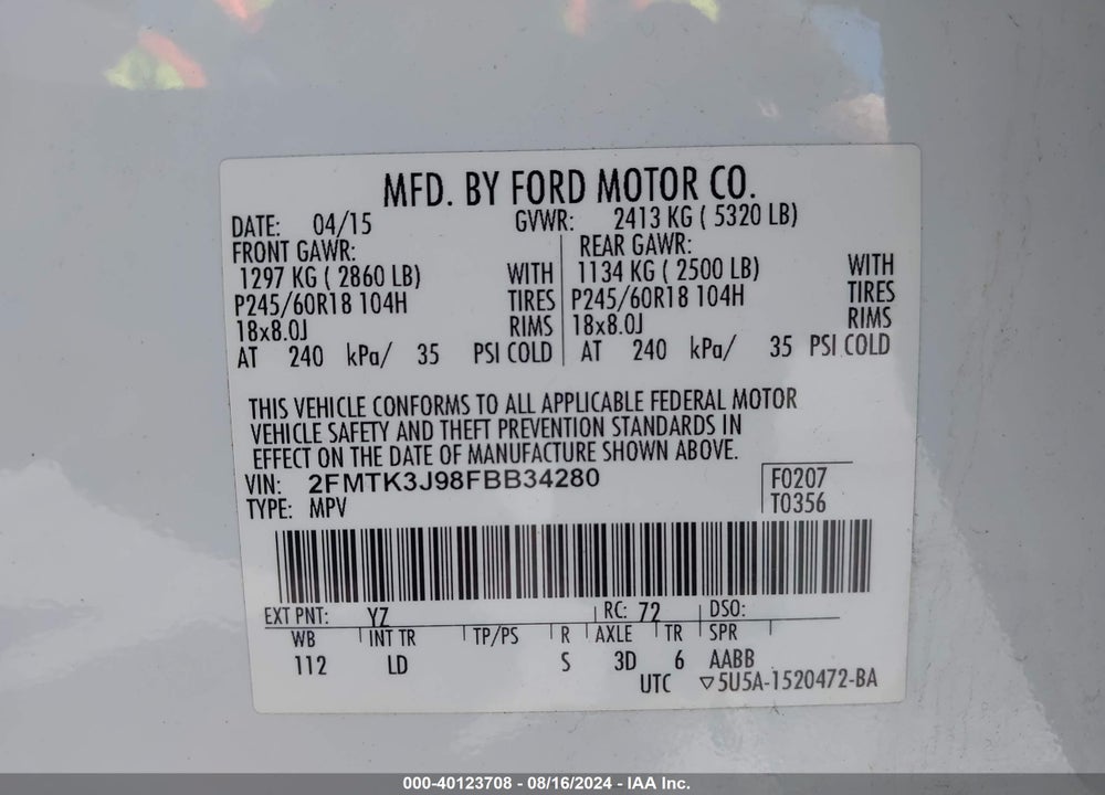 2015 FORD EDGE SEL VIN: 2FMTK3J98FBB34280