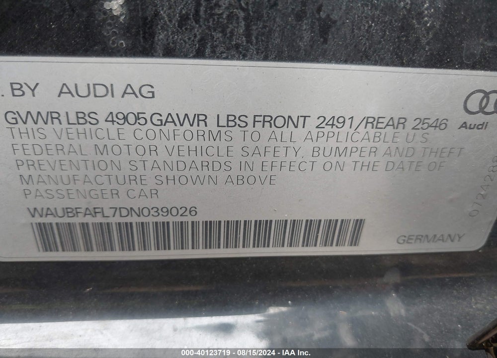 2013 AUDI A4 2.0T PREMIUM VIN: WAUBFAFL7DN039026