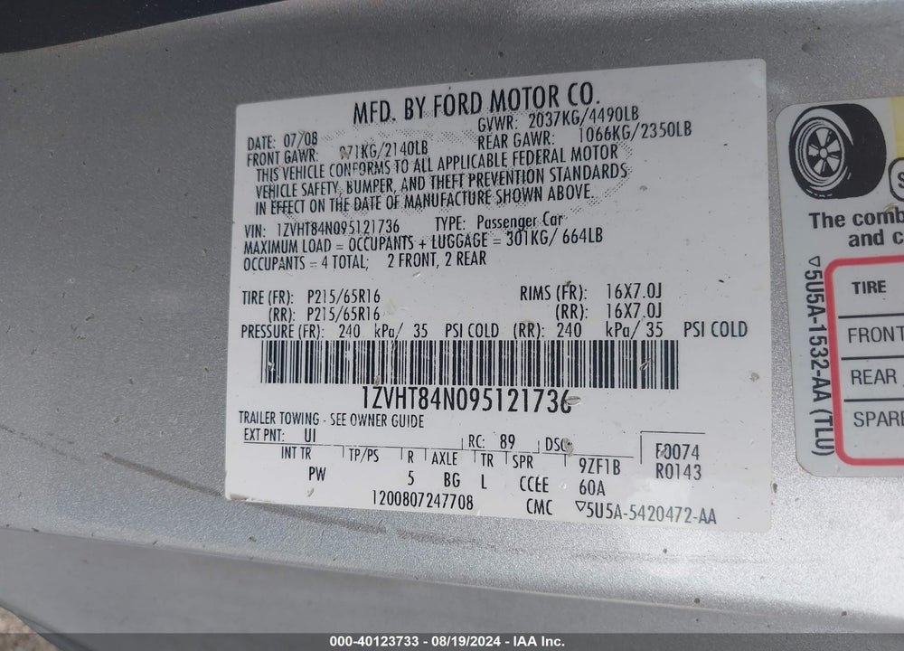 2009 FORD MUSTANG V6/V6 PREMIUM VIN: 1ZVHT84N095121736