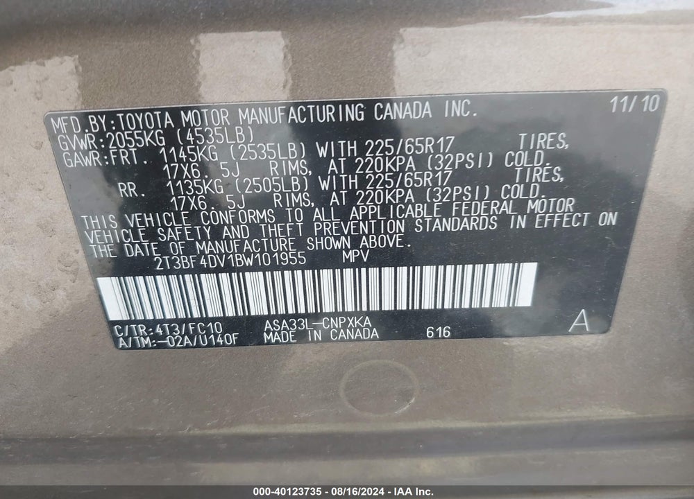 2011 TOYOTA RAV4 VIN: 2T3BF4DV1BW101955