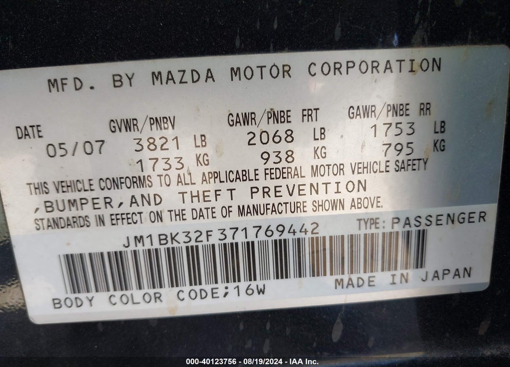 2007 MAZDA 3 I VIN: JM1BK32F371769442