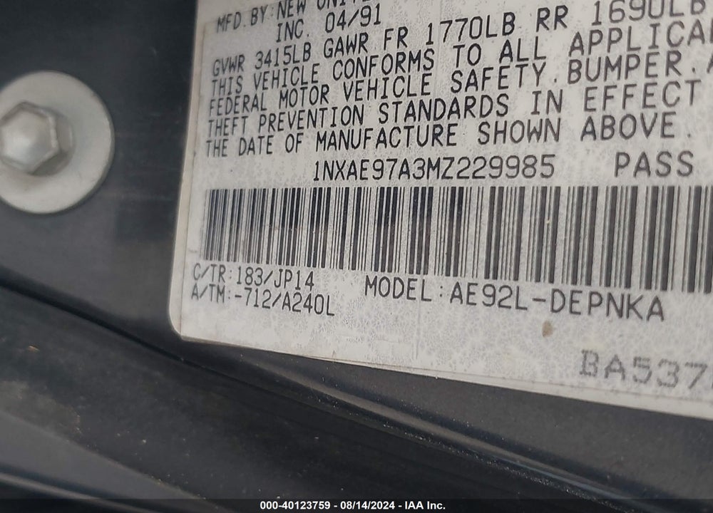 1991 TOYOTA COROLLA LE/DLX VIN: 1NXAE97A3MZ229985