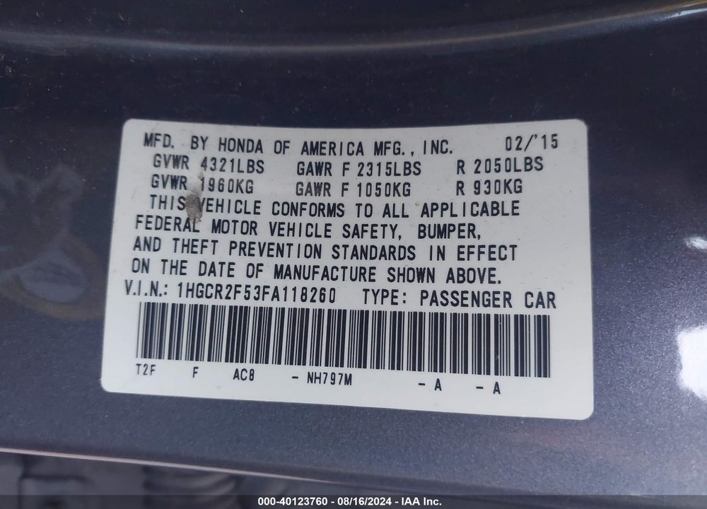 2015 HONDA ACCORD SPORT VIN: 1HGCR2F53FA118260