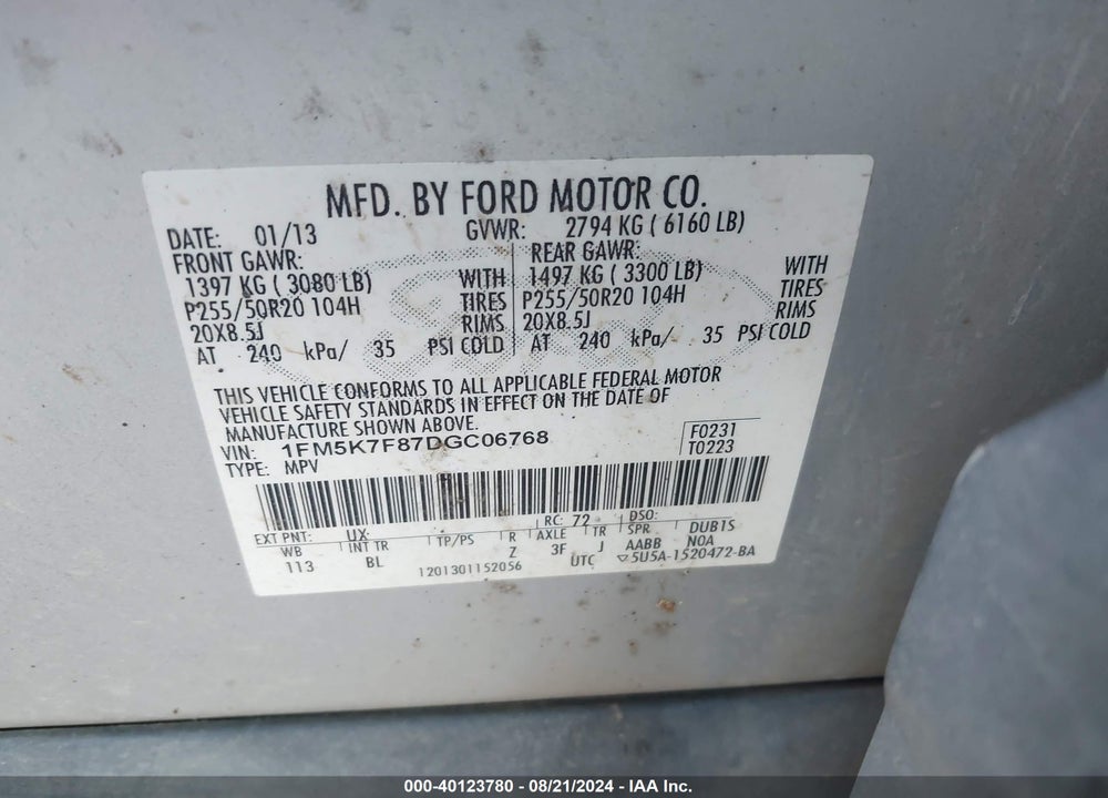 2013 FORD EXPLORER LIMITED VIN: 1FM5K7F87DGC06768