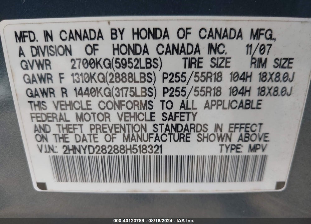 2008 ACURA MDX VIN: 2HNYD28288H518321