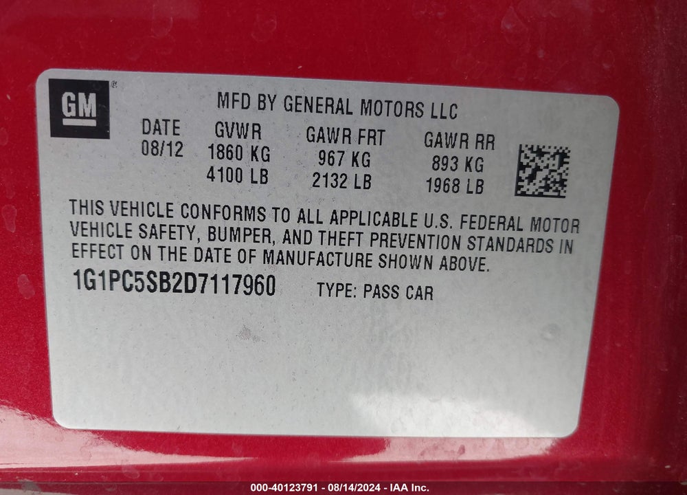 2013 CHEVROLET CRUZE 1LT AUTO VIN: 1G1PC5SB2D7117960