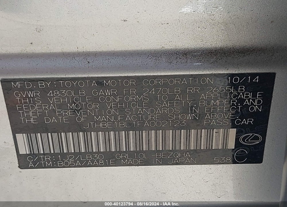 2015 LEXUS GS 350 VIN: JTHBE1BL1FA002123