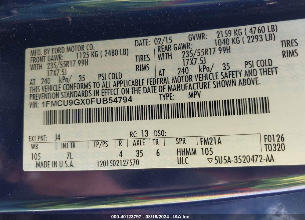 2015 FORD ESCAPE VIN: 1FMCU9GX0FUB54794