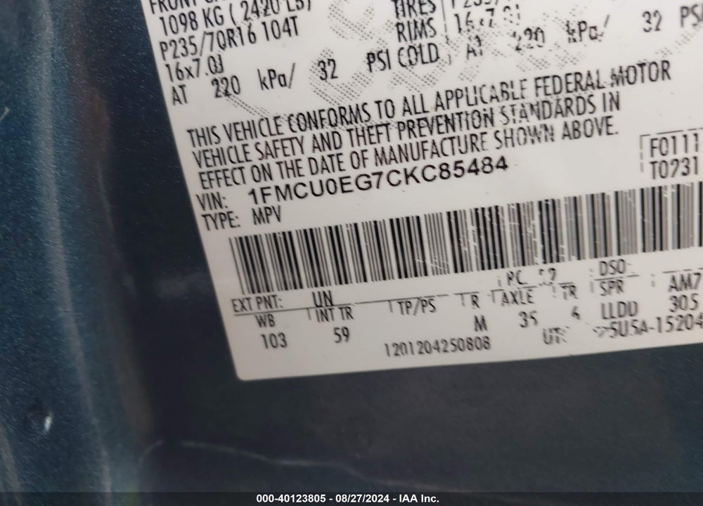 2012 FORD ESCAPE LIMITED VIN: 1FMCU0EG7CKC85484