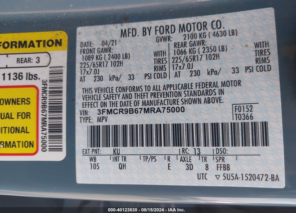 2021 FORD BRONCO SPORT BIG BEND VIN: 3FMCR9B67MRA75000
