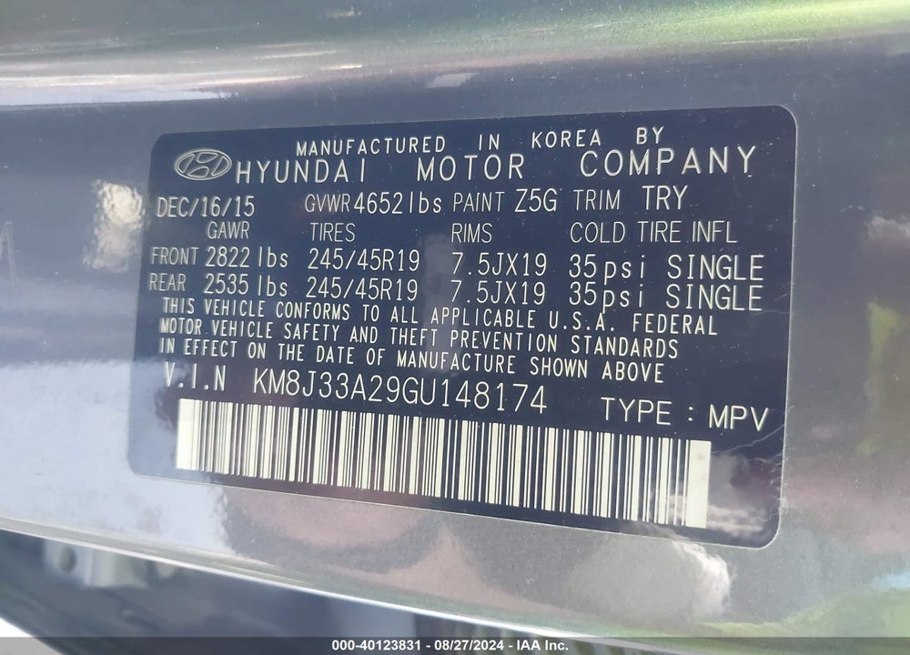 2016 HYUNDAI TUCSON LIMITED VIN: KM8J33A29GU148174