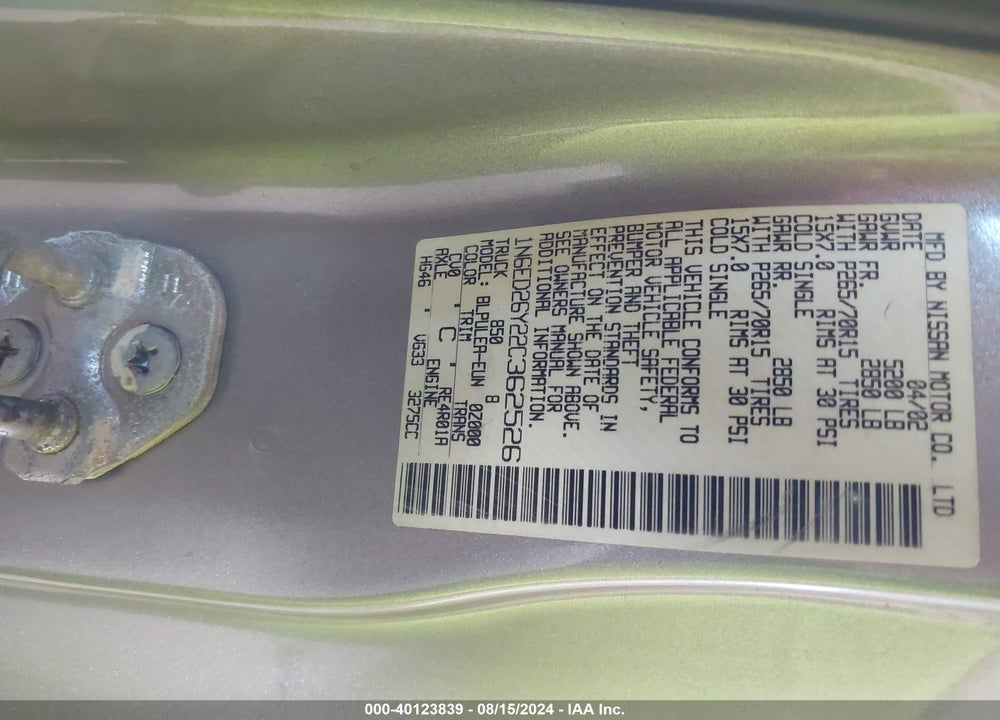 2002 NISSAN FRONTIER XE-V6 VIN: 1N6ED26Y22C362526