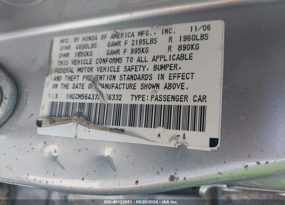 2007 HONDA ACCORD 2.4 LX VIN: 1HGCM56437A066332
