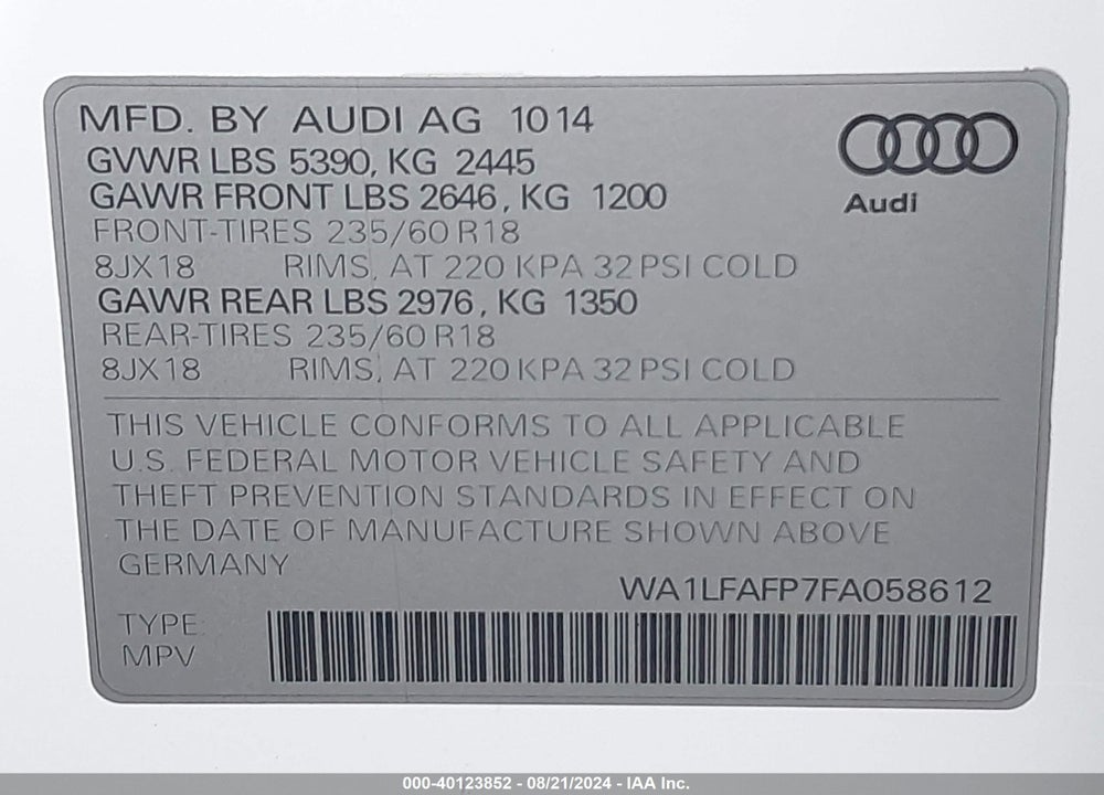 2015 AUDI Q5 2.0T PREMIUM VIN: WA1LFAFP7FA058612