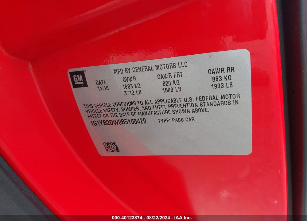 2011 CHEVROLET CORVETTE VIN: 1G1YB2DW0B5105420