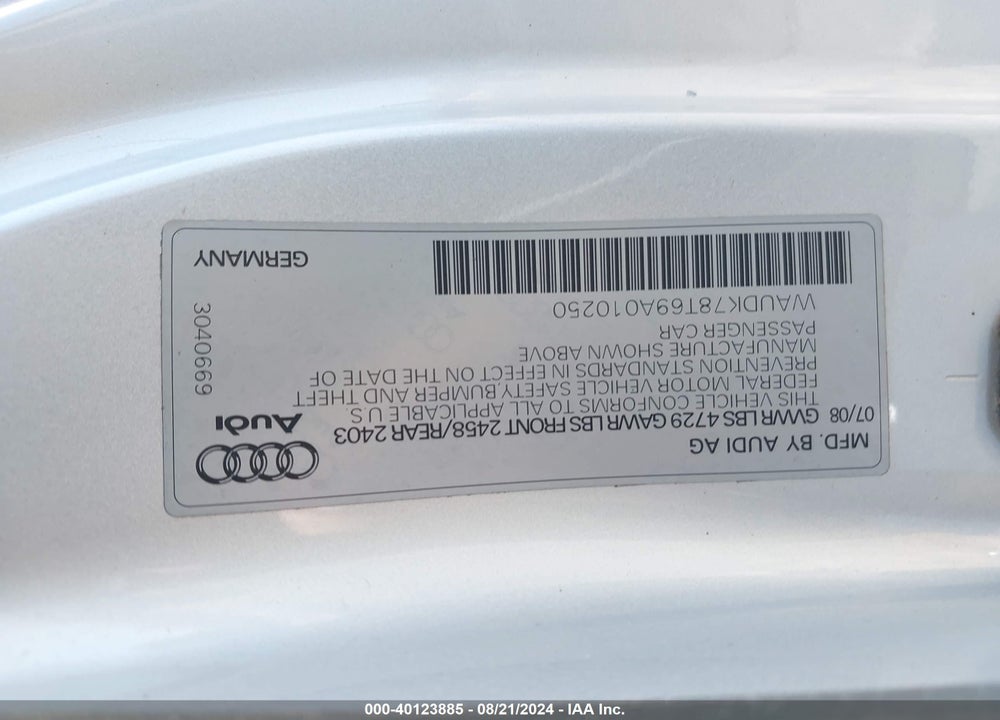 2009 AUDI A5 3.2L VIN: WAUDK78T69A010250