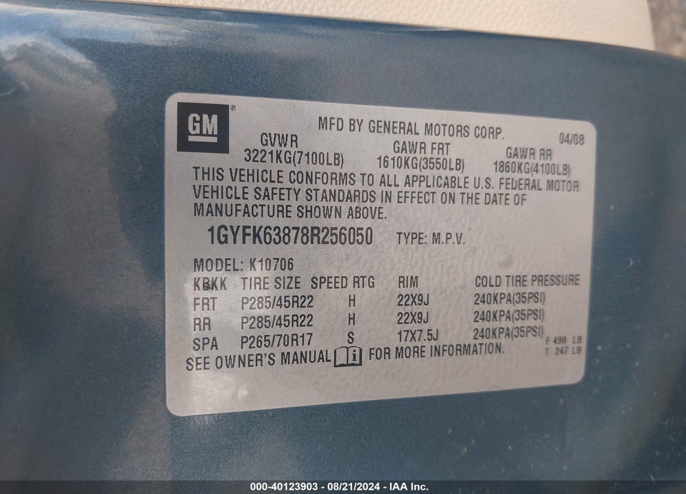 2008 CADILLAC ESCALADE STANDARD VIN: 1GYFK63878R256050