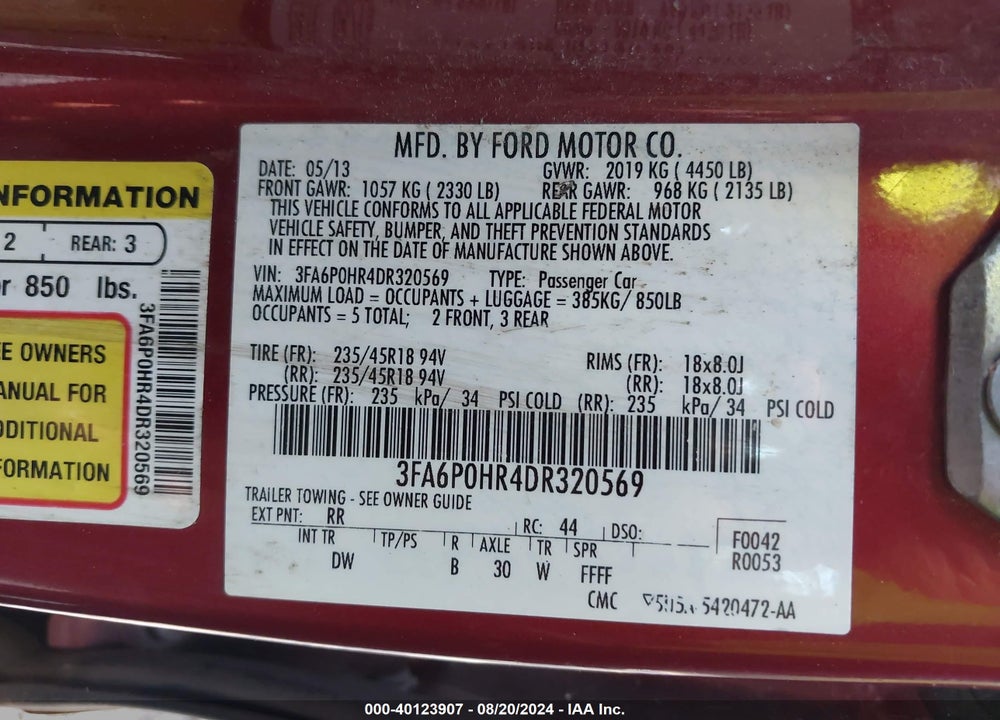 2013 FORD FUSION SE VIN: 3FA6P0HR4DR320569